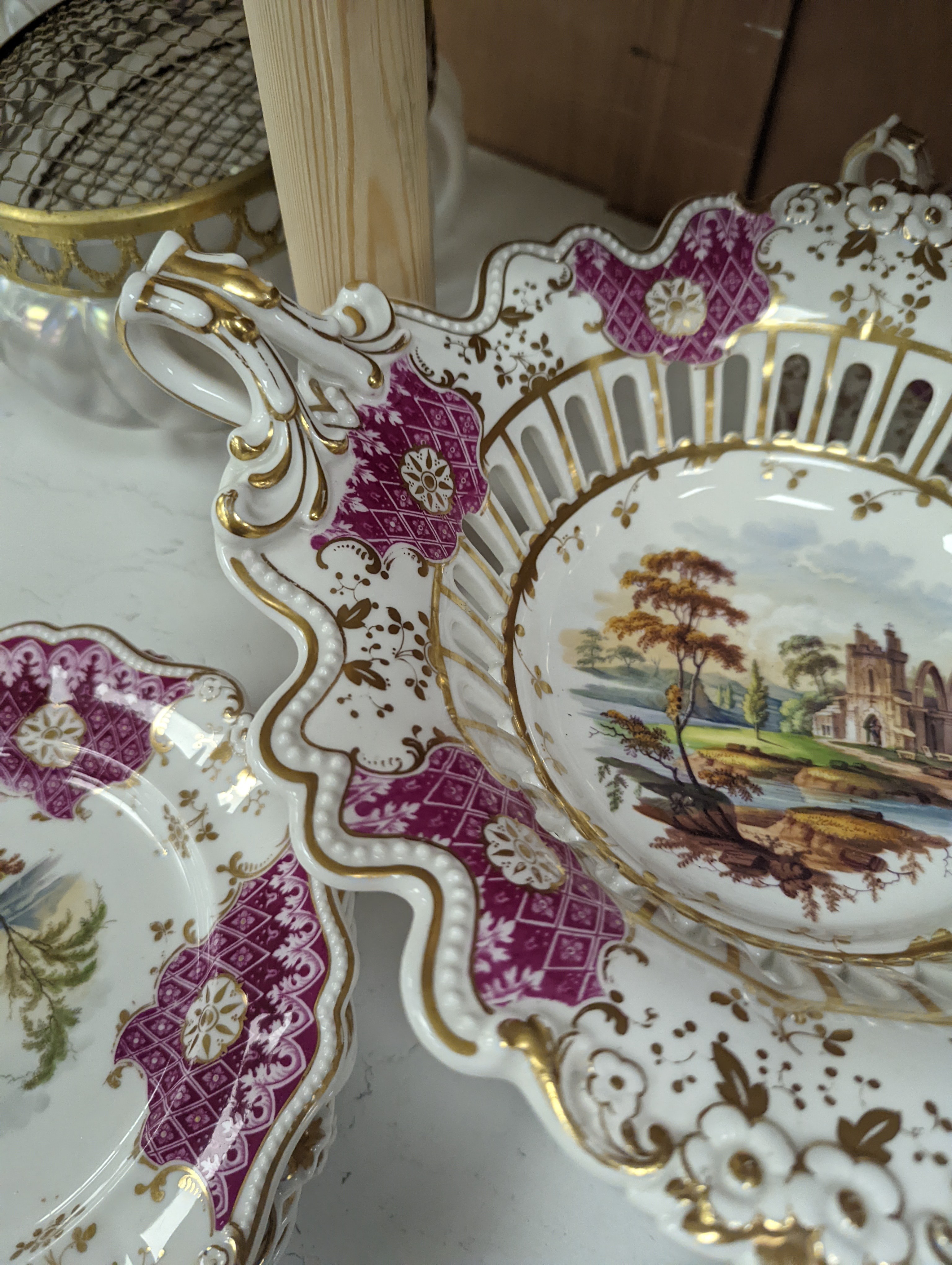 A Ridgways porcelain topographical part dessert service, c.1835, pattern number 2168, the sauce tureens and covers pattern number 2179